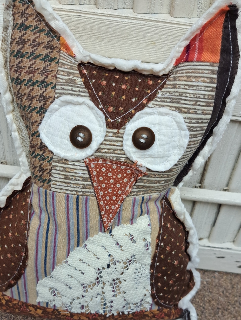 Handmade Patchwork Owl Pillow in Brown, Cream, Orange - Picture 2 of 4